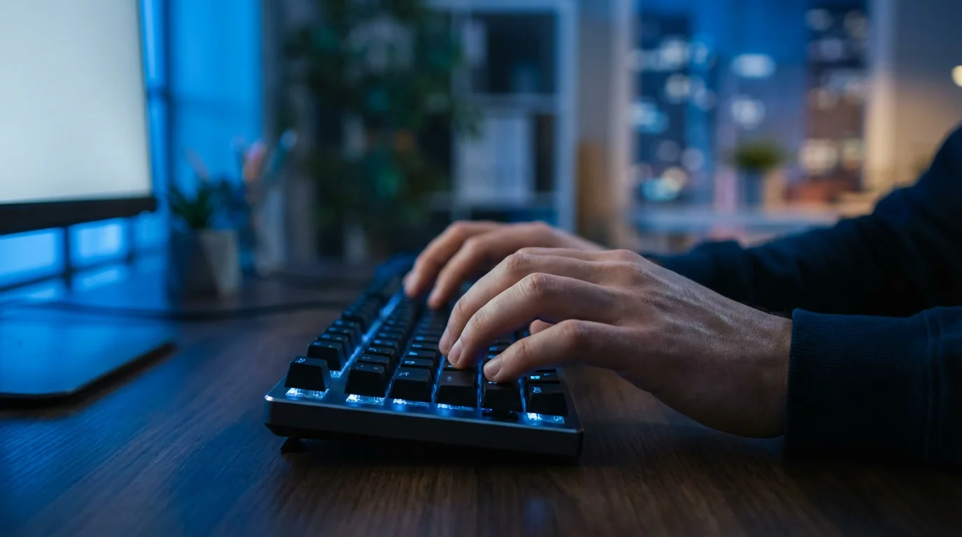 Close-up of hands typing on a backlit keyboard in a dark office at twilight.