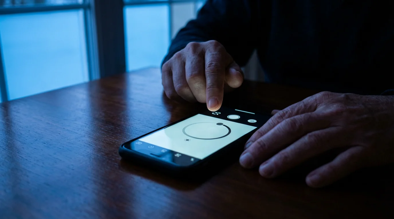 Close-up of hands using a smartphone with enlarged interface features during the blue hour.