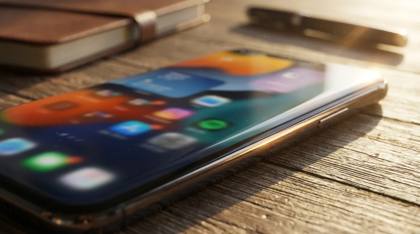 Close-up of smartphone on wooden desk next to notebook in warm sunlight