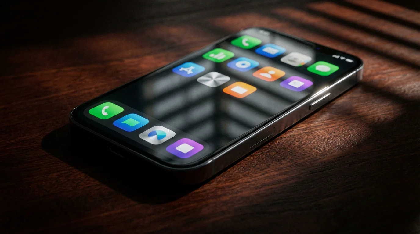 Close-up of smartphone screen with colorful abstract icons covered in dramatic afternoon shadows.