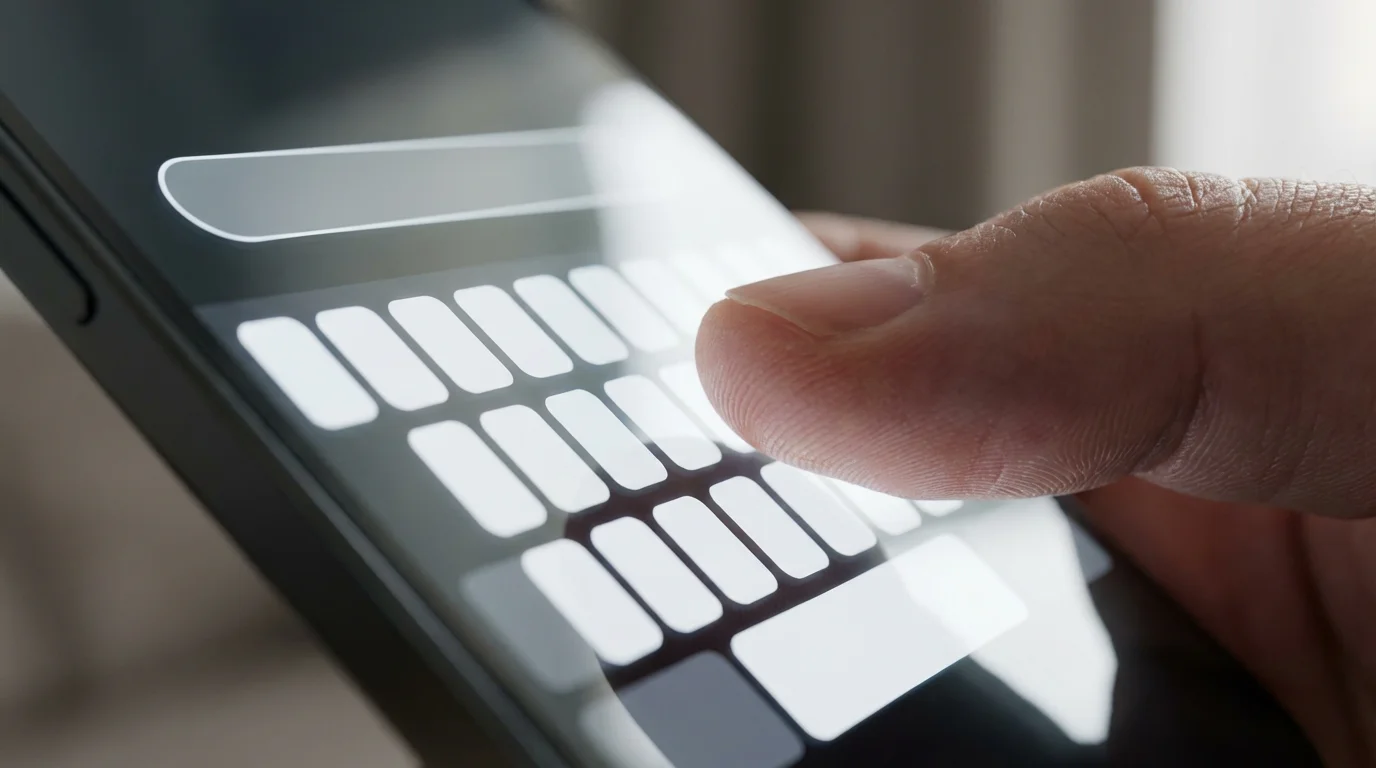Close-up of thumb hovering over a blank smartphone search bar and keyboard interface.