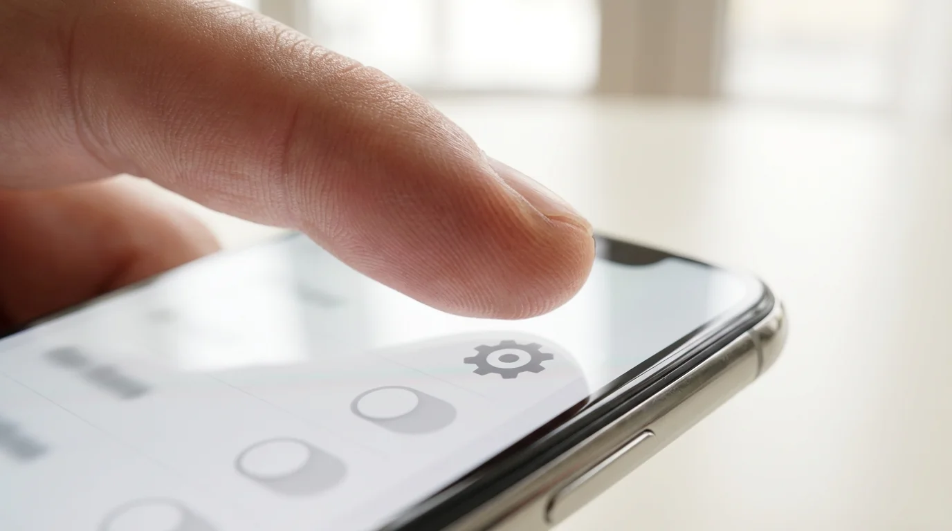 Close-up of thumb tapping settings icon on bright Android smartphone screen.