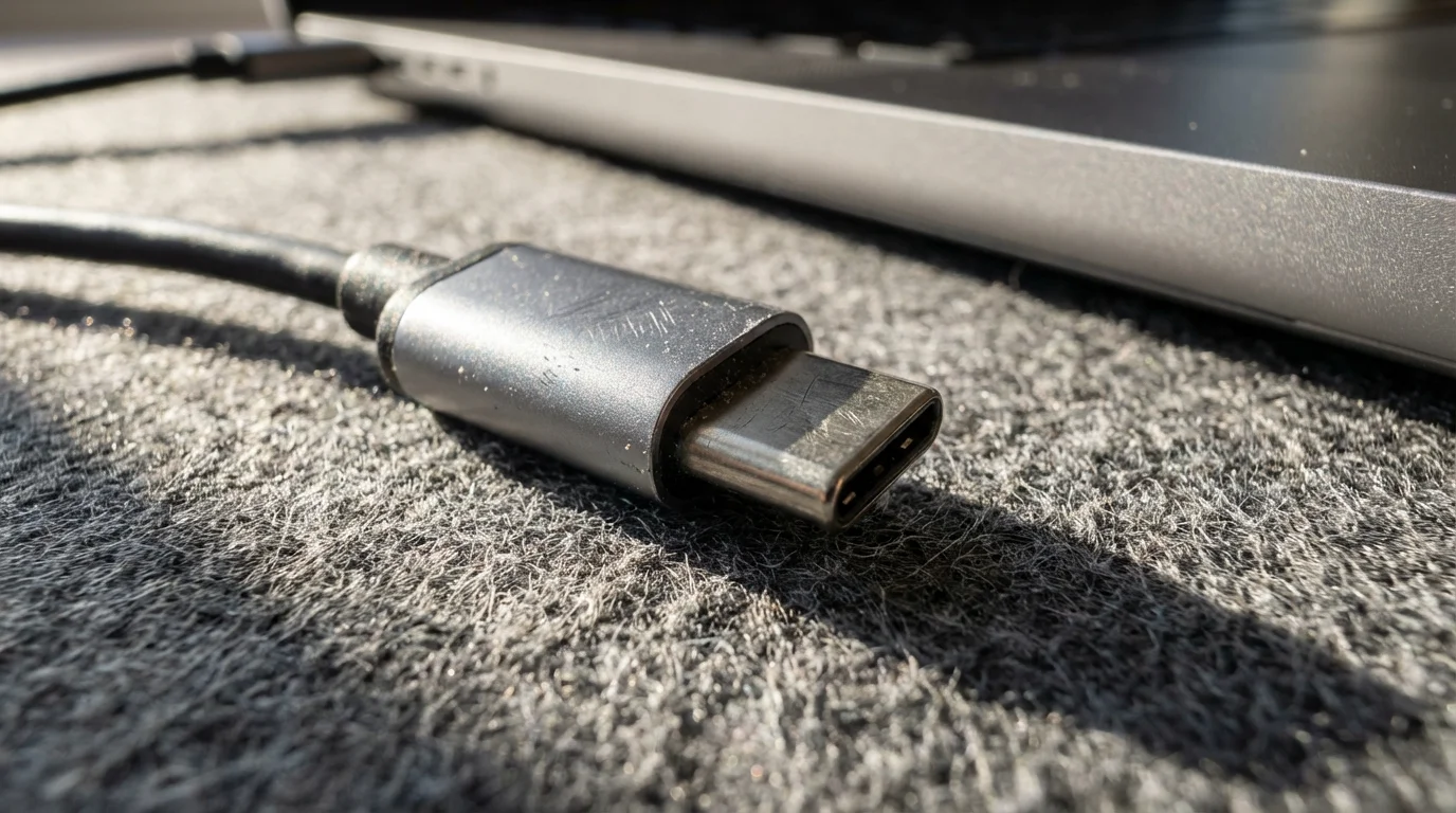 Close-up of unplugged USB cable lying next to a laptop on a desk.