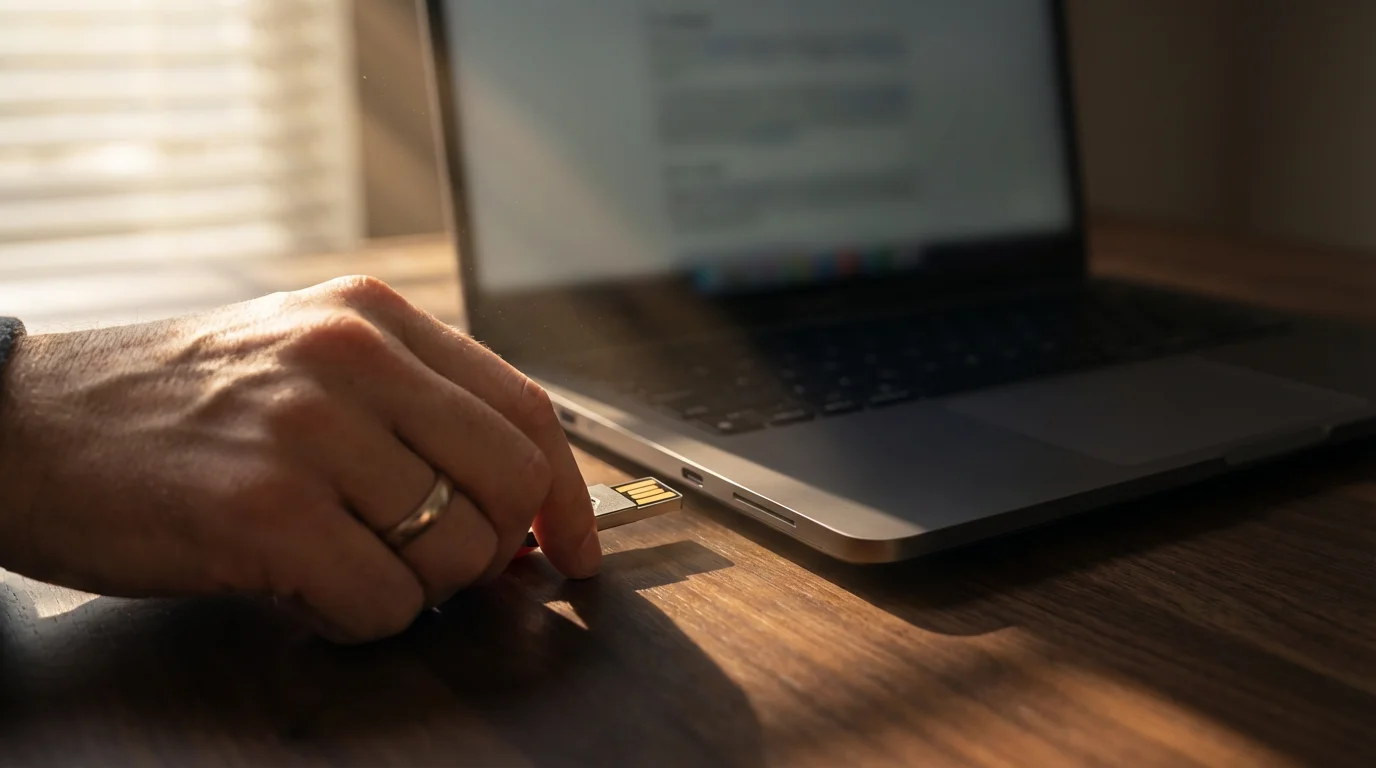 Close-up over-the-shoulder view of a hand inserting a USB security key into a laptop.
