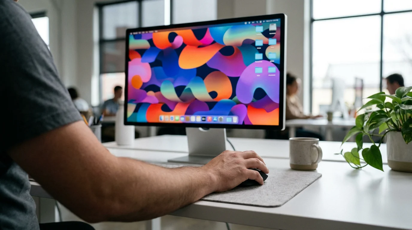 Close-up over-the-shoulder view of a hand using a mouse to organize computer files.