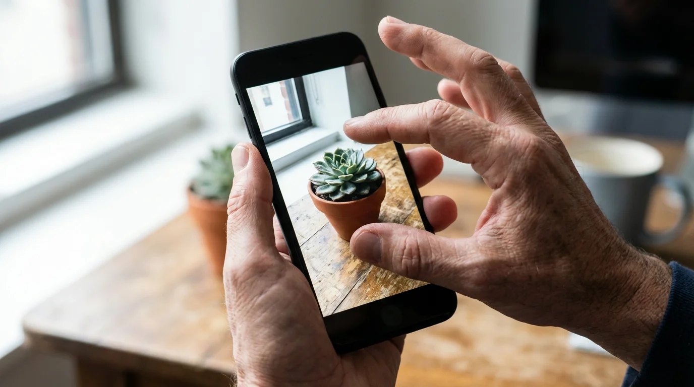 Close-up photograph showing fingers pinching a smartphone screen to zoom in on the live camera view.