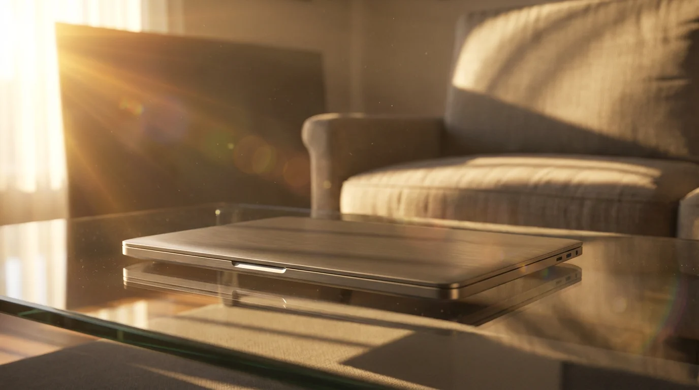 Closed laptop on a glass table bathed in warm golden hour sunset light.