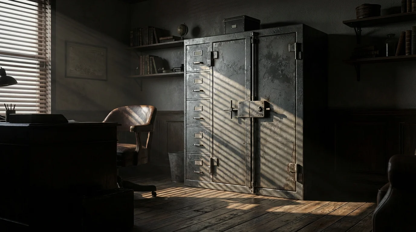 Closed metal filing cabinet in a moody, shadow-filled office representing restricted file access.