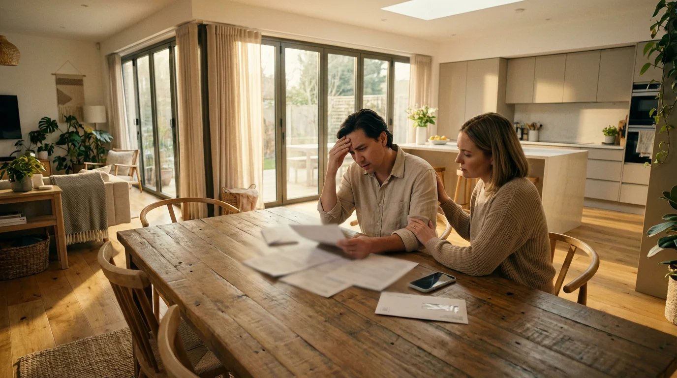 Couple reviewing paperwork at dining table with concerned expressions in a sunlit room