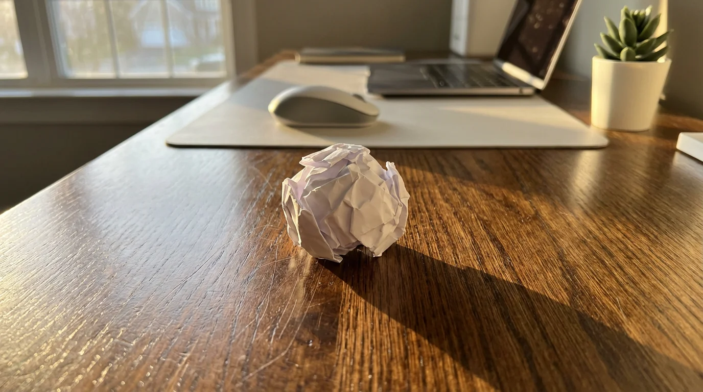 Crumpled paper on wooden desk representing deleted digital files during golden hour.