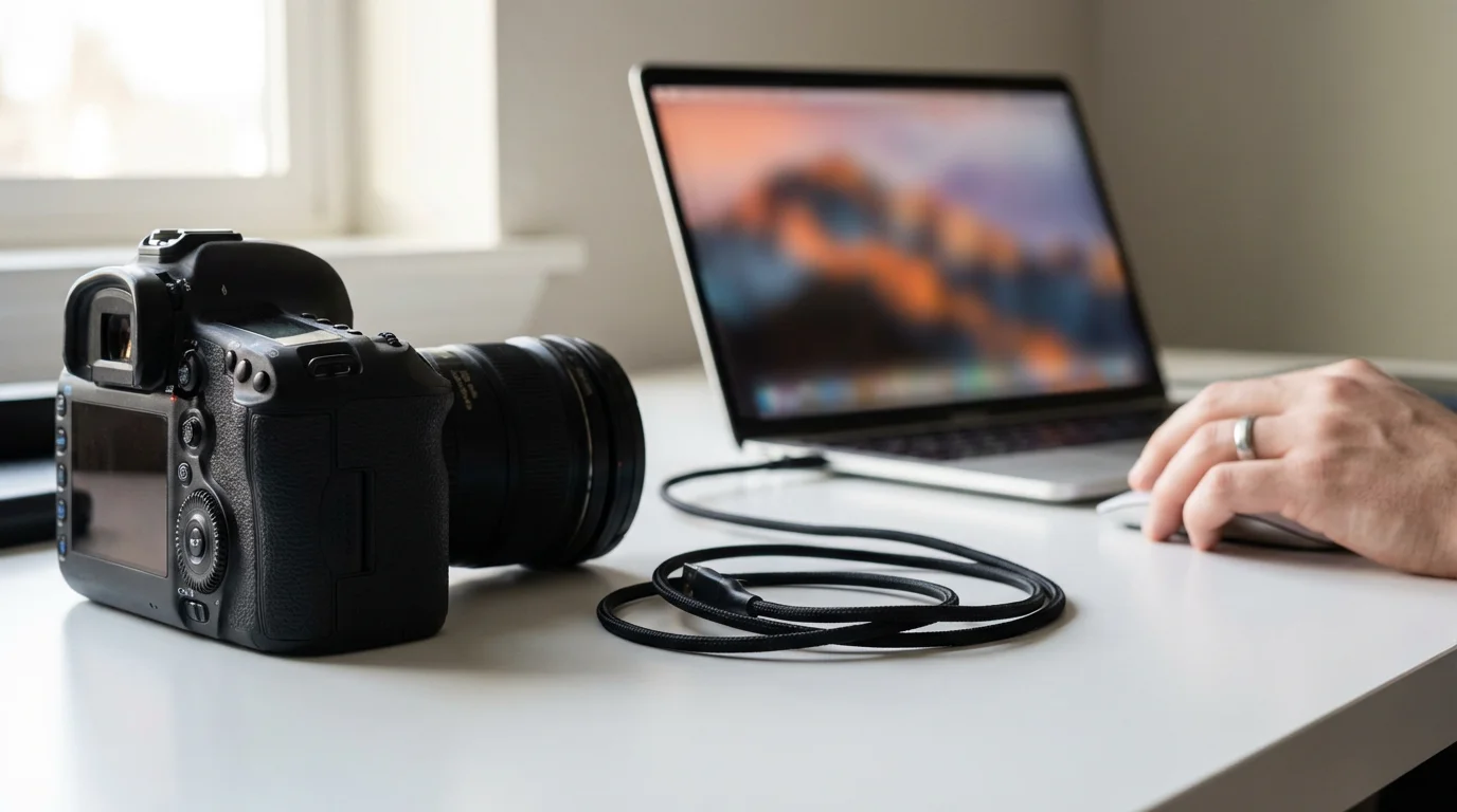 Digital camera connected to a laptop on a white desk via USB cable.