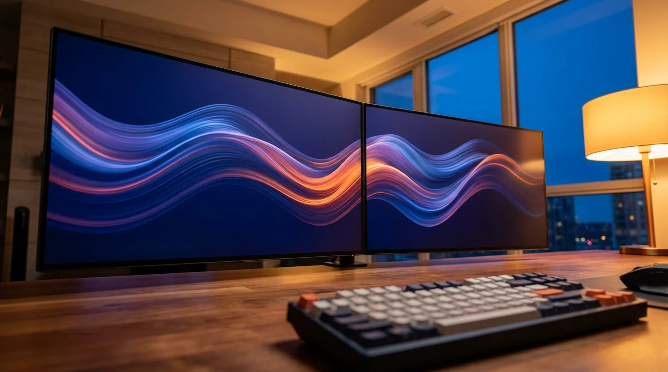 Dual monitors showing seamless abstract wallpaper in a home office during blue hour evening.