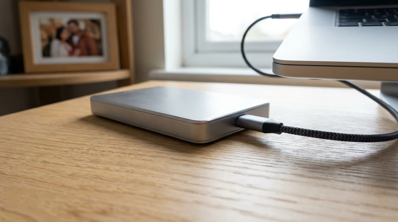 External hard drive connected to a laptop on a desk with blurred photo frame background.