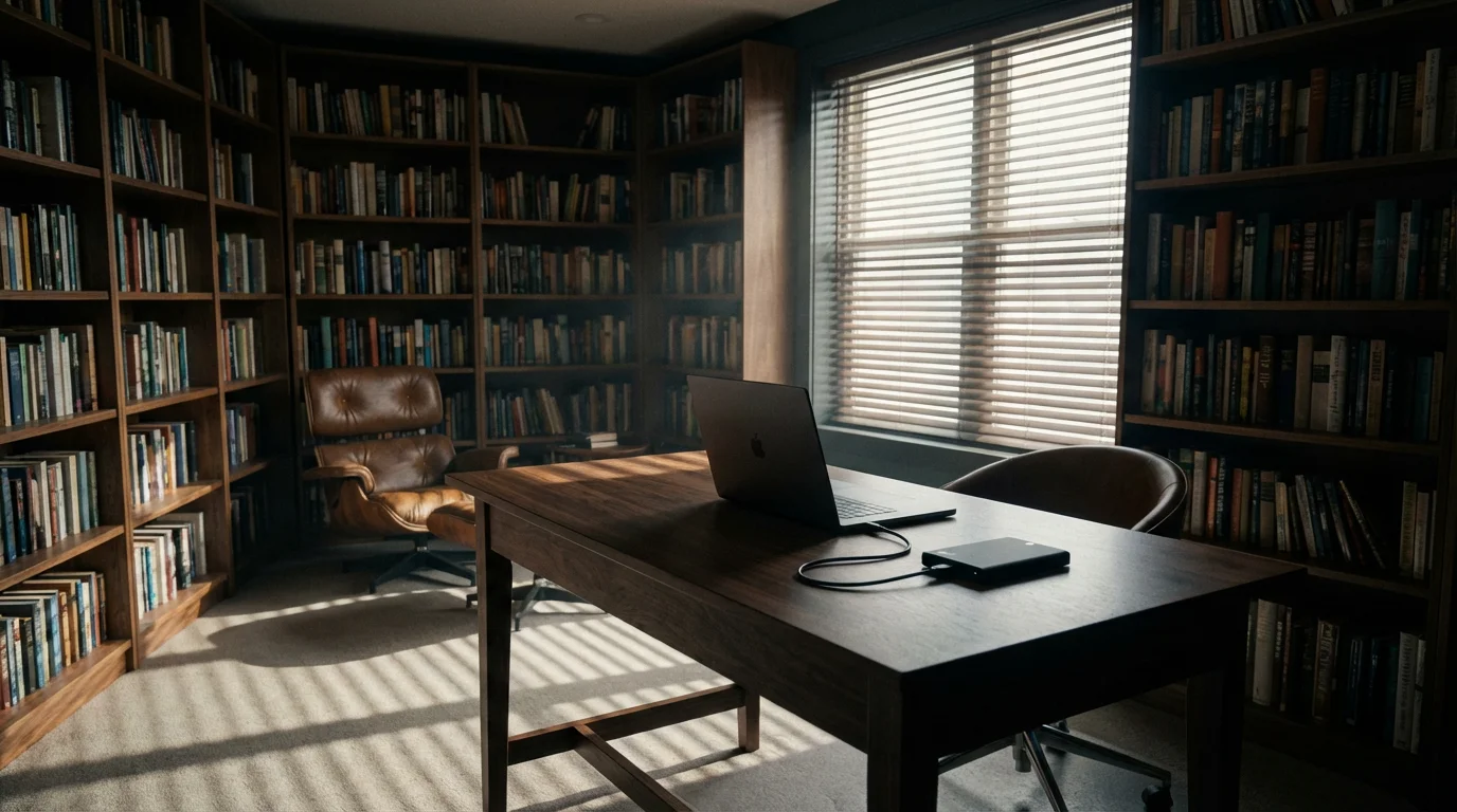 External hard drive connected to a laptop in a moody, shadow-filled home office study.