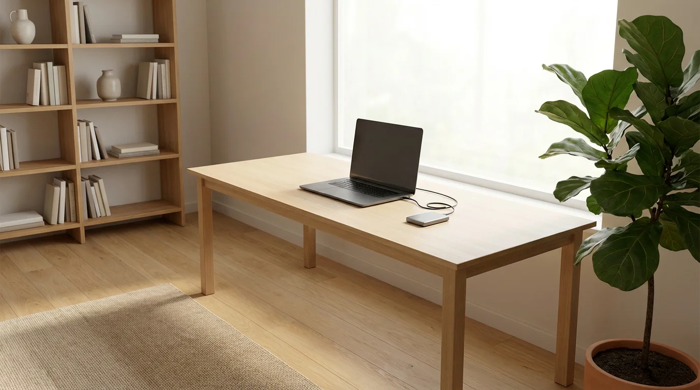 External hard drive connected to a laptop in a bright, organized modern home office.