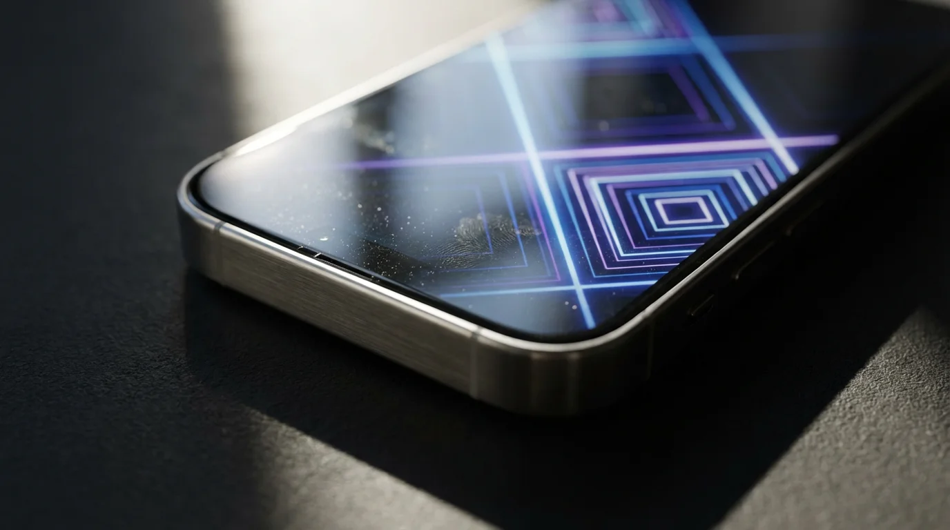 Extreme close-up macro shot of a smartphone screen reflecting abstract magnification settings in deep shadow.