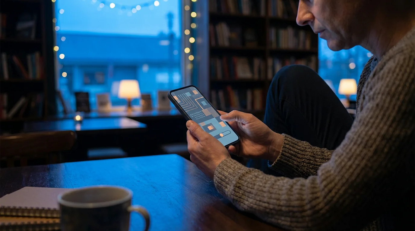 Eye-level photo of a person adjusting text size on a smartphone during blue hour.