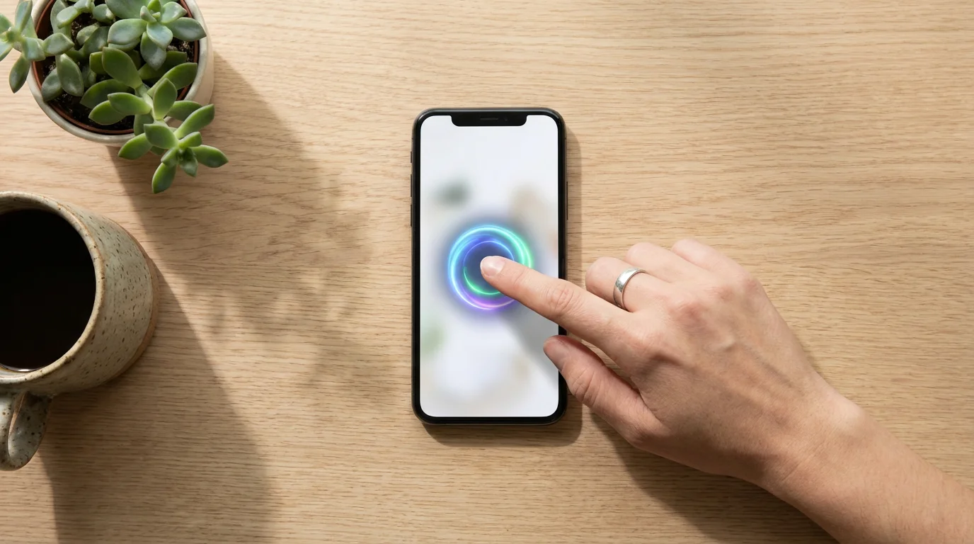 Flat lay of a hand tapping a smartphone screen on a desk to download an app