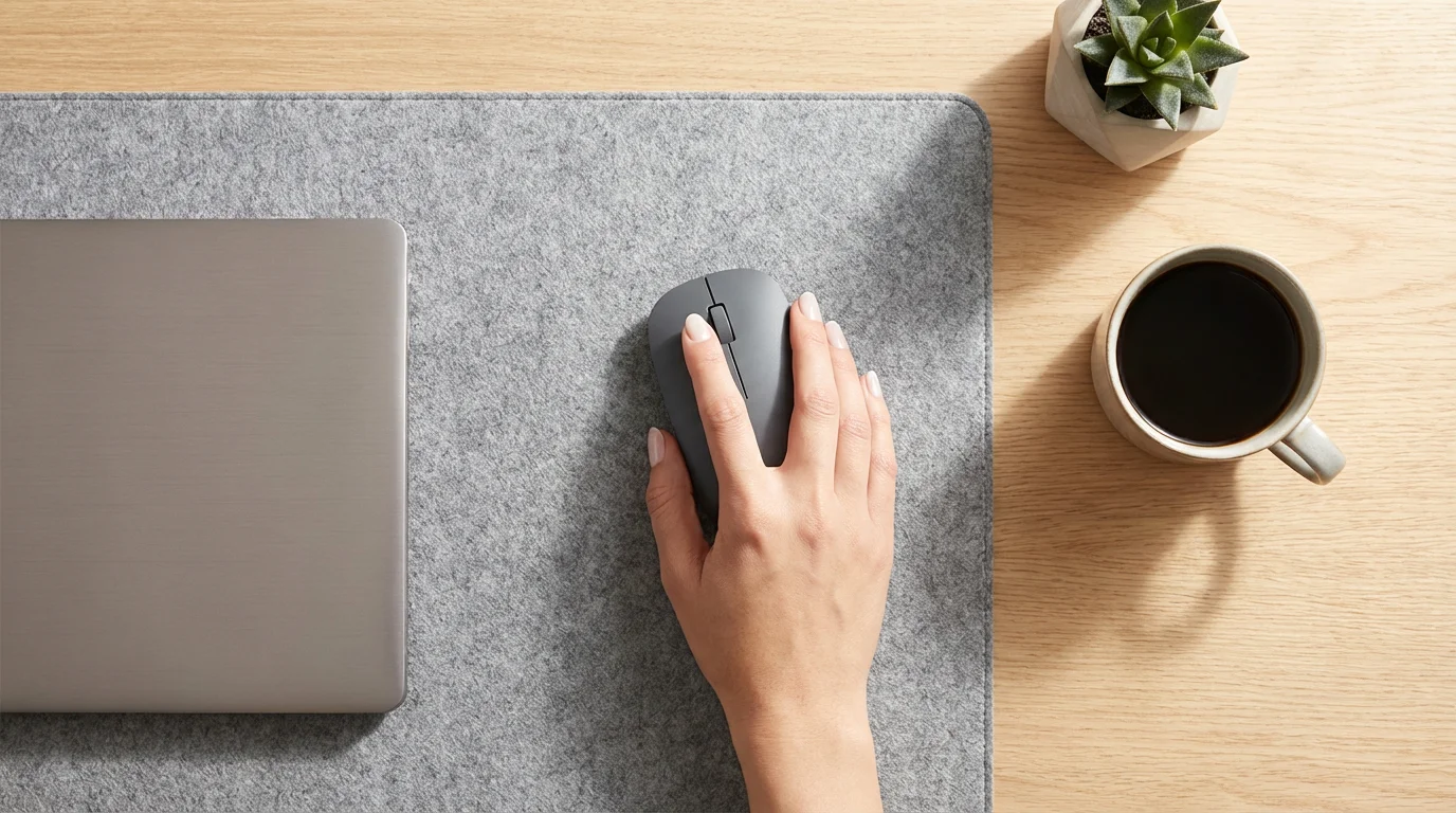 Flat lay of a hand using a computer mouse on a modern desk.