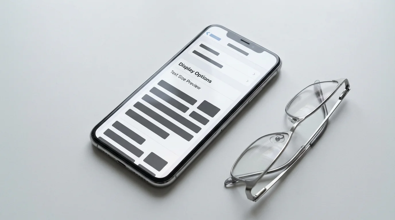 Flat lay of a phone screen showing maximized text size settings next to reading glasses.