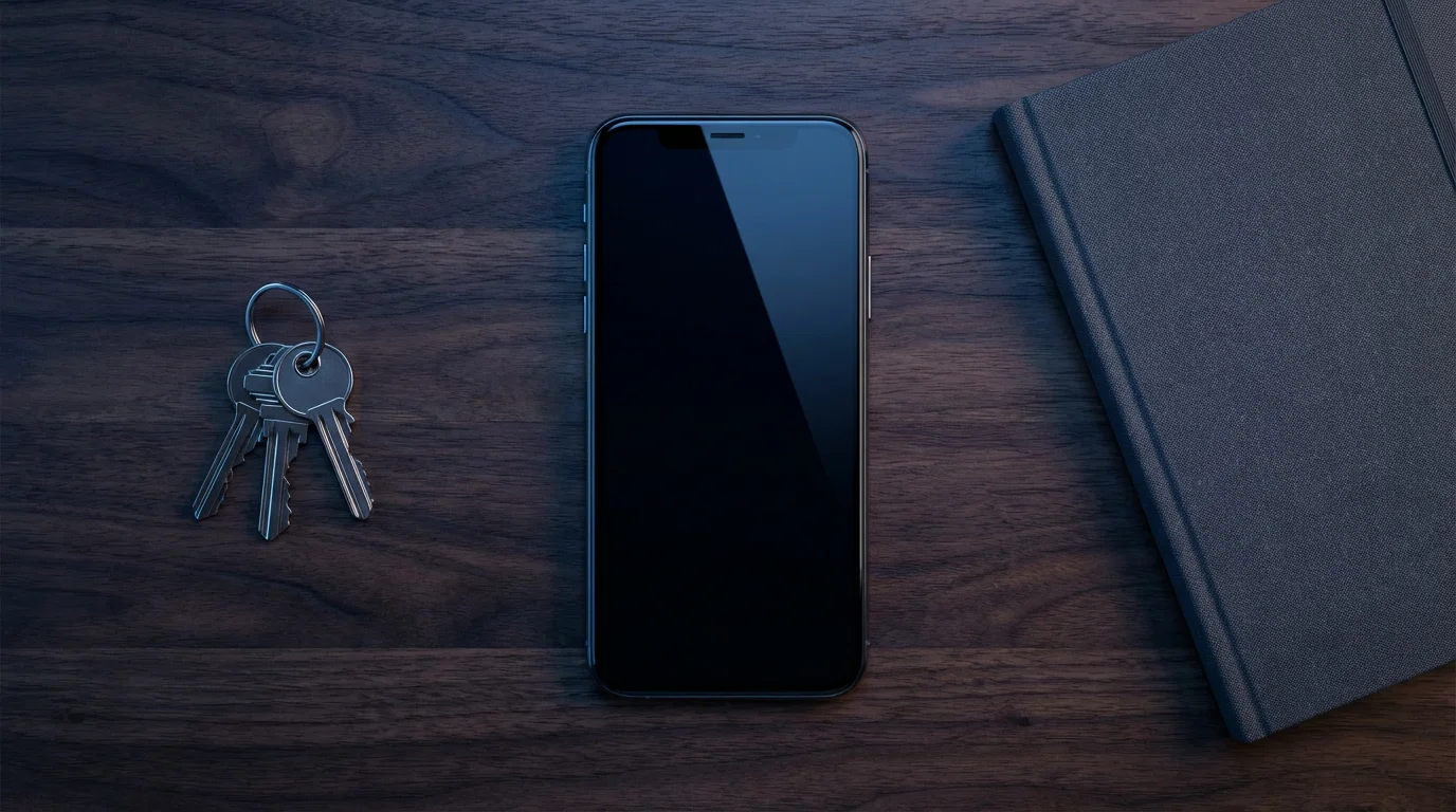 Flat lay of a smartphone and house keys on a desk under blue evening light.
