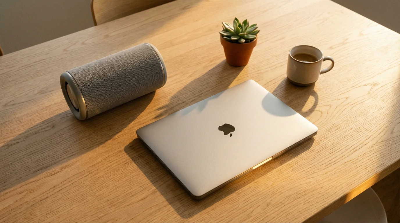 Flat lay of a wireless Bluetooth speaker next to a laptop on a sunlit wooden desk