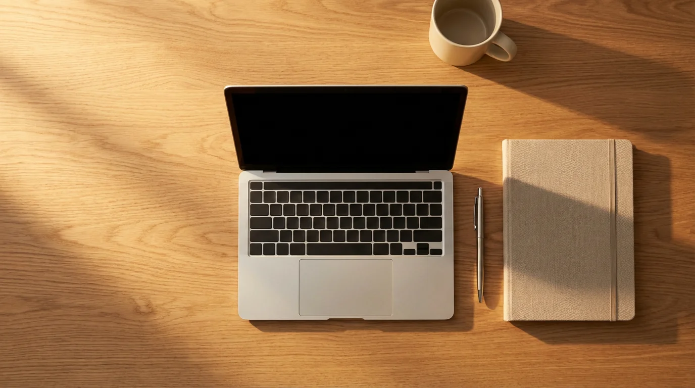 Flat lay of an organized desk with a silver laptop and notebook in warm sunlight