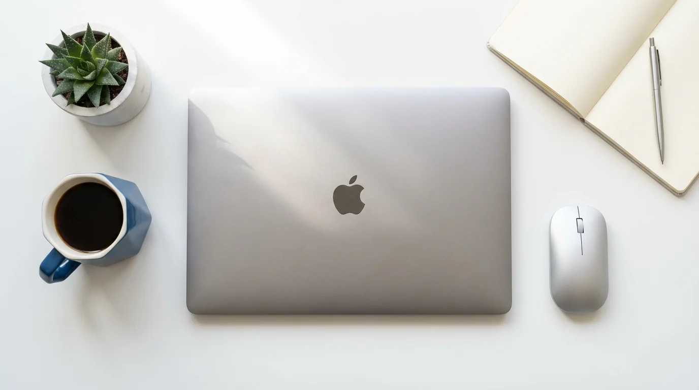 Flat lay of an organized white desk with laptop and coffee in soft morning light