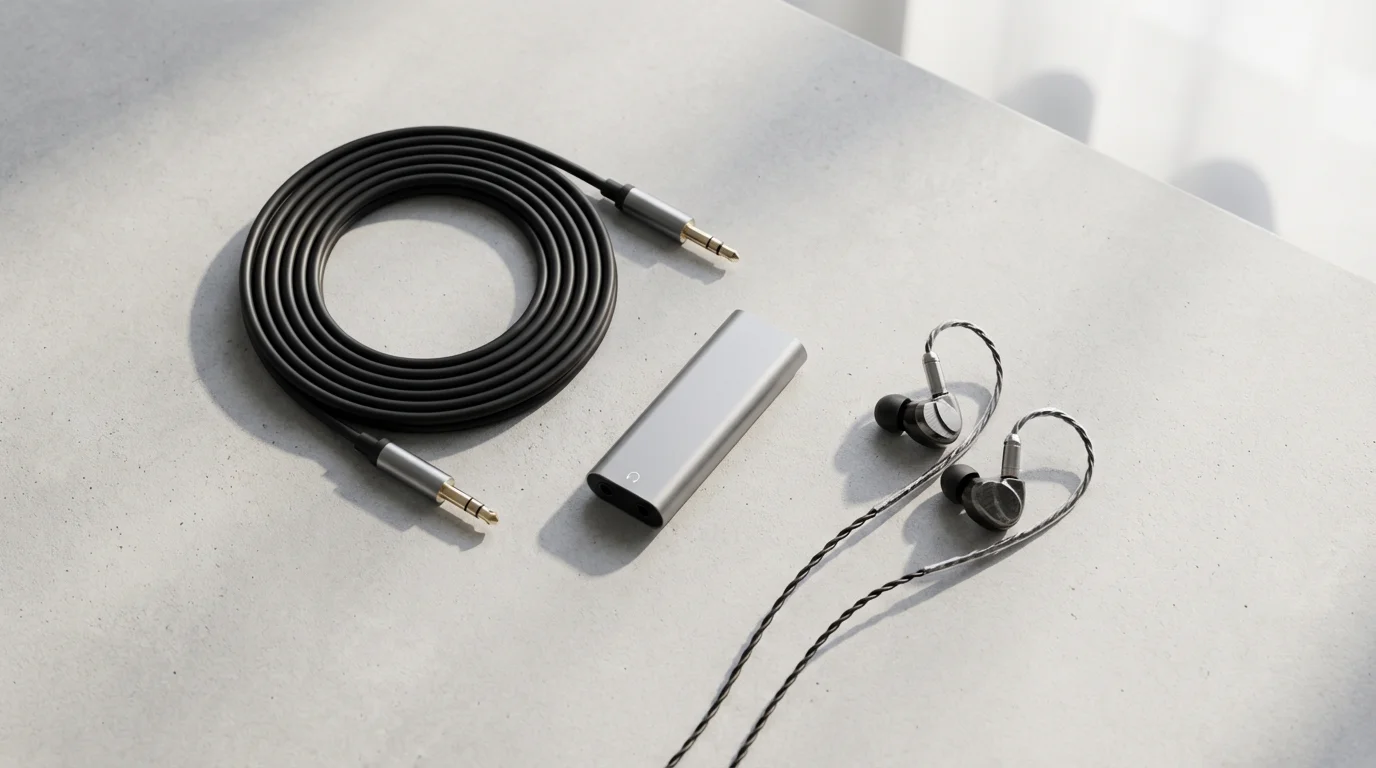 Flat lay of audio cables and earbuds arranged neatly on a modern desk surface.
