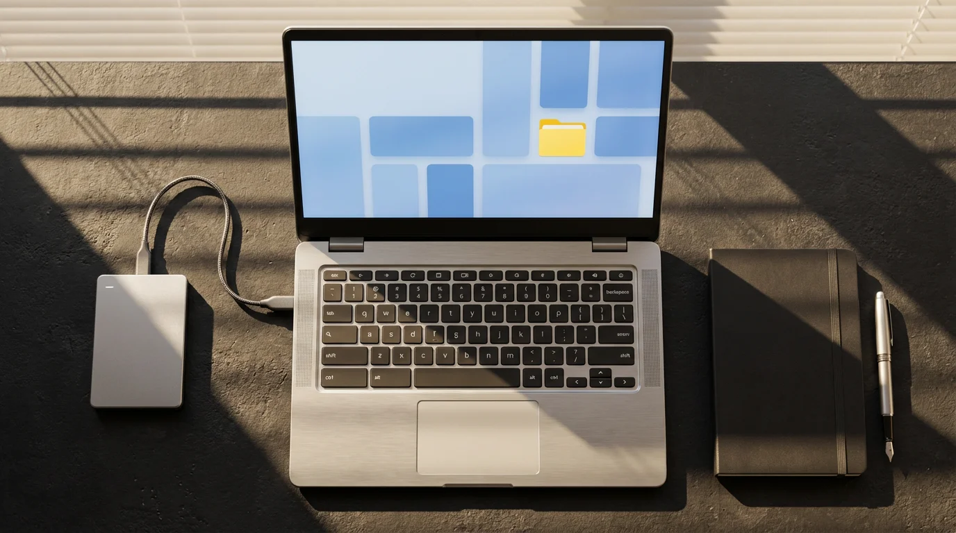 Flat lay of Chromebook and hard drive on dark desk with dramatic afternoon shadows.