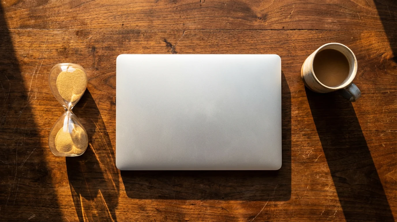 Flat lay of closed laptop and hourglass on wooden desk in warm golden lighting.