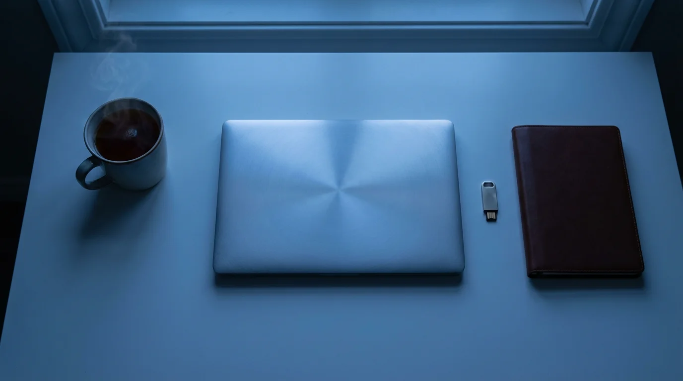 Flat lay of closed laptop and security key on desk in cool evening light.