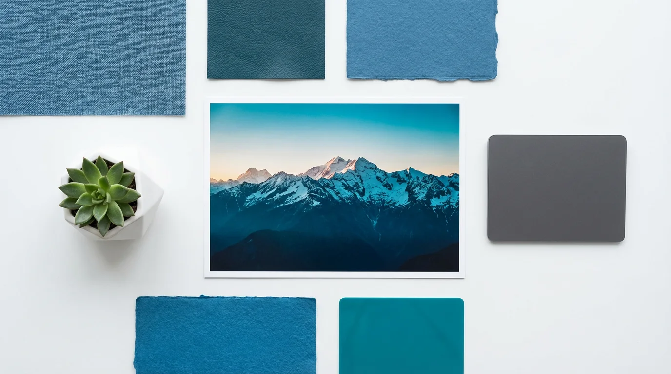 Flat lay of desk with landscape photo and color swatches symbolizing computer themes.