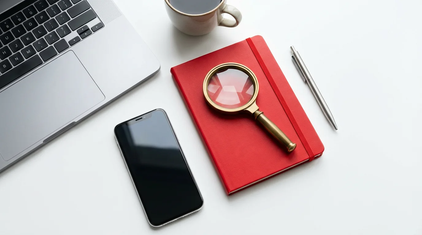 Flat lay of desk with laptop, magnifying glass, and red notebook symbolizing security awareness.