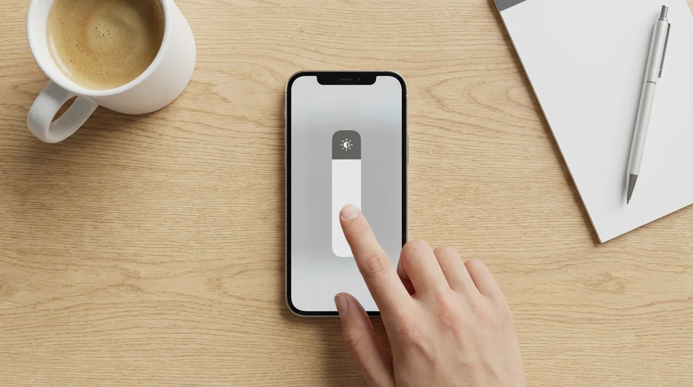 Flat lay of hand adjusting brightness slider on smartphone on wooden desk.