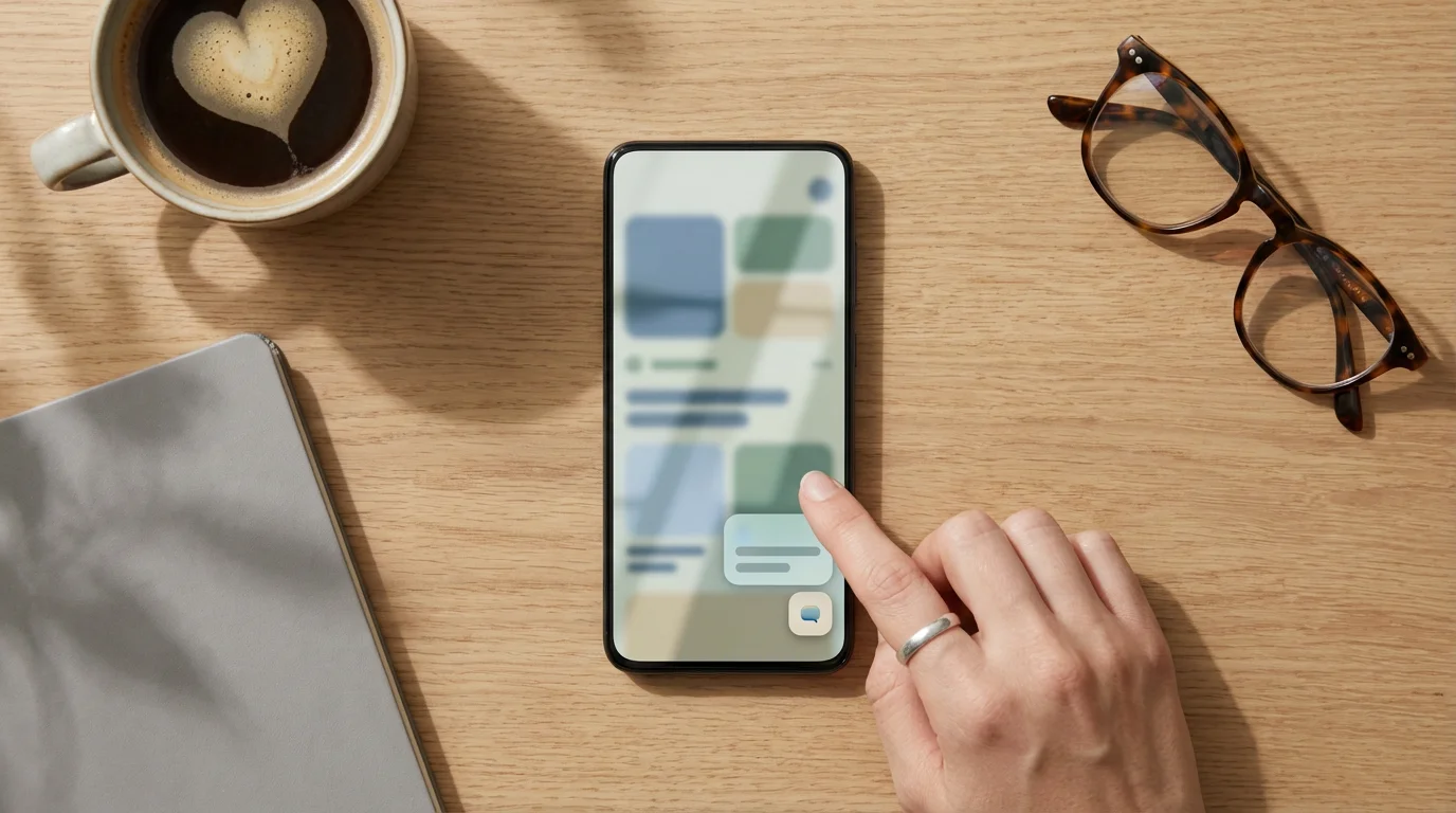 Flat lay of hand adjusting social media privacy settings on smartphone at desk.