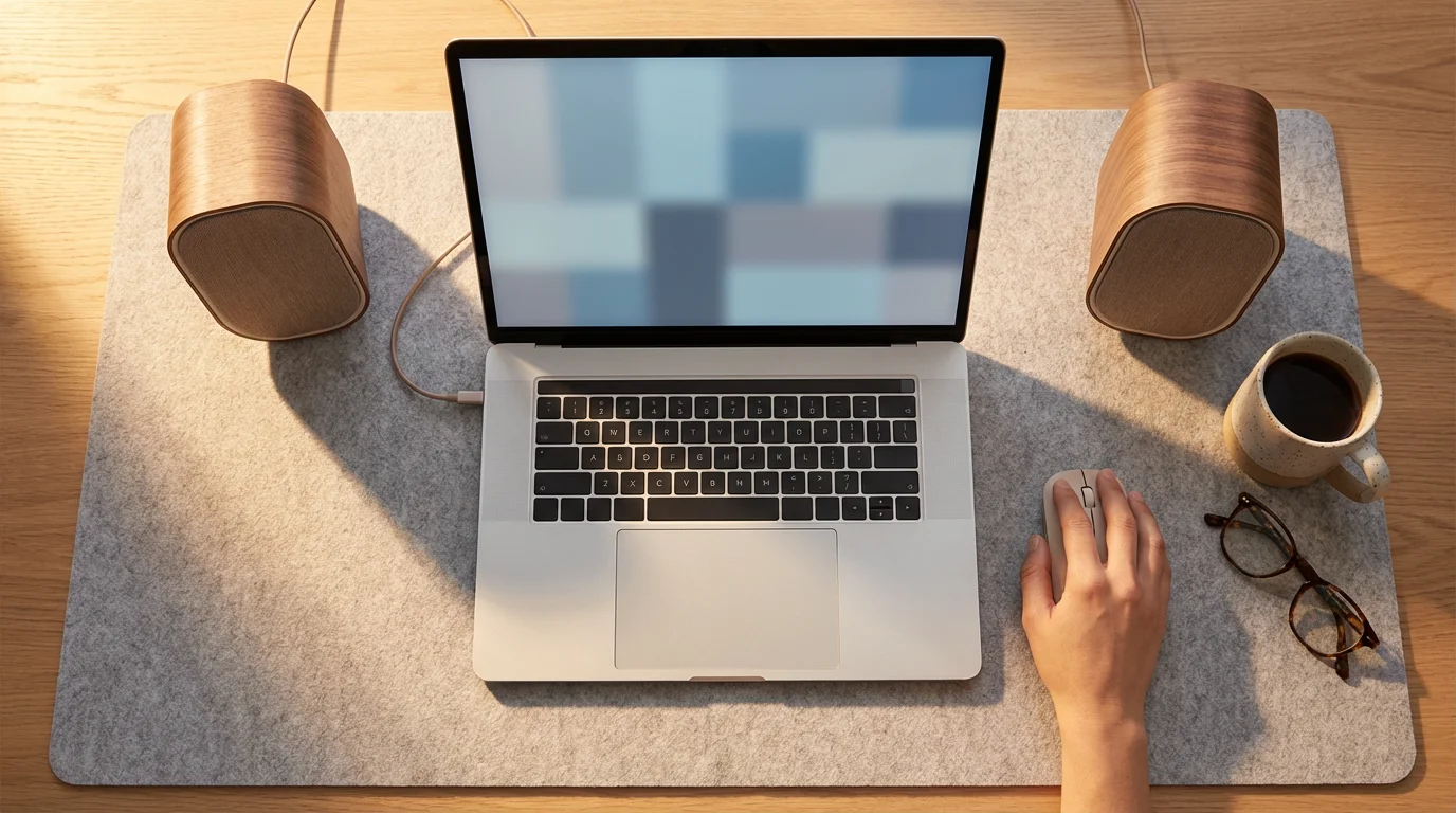 Flat lay of laptop and wood speakers on felt mat during golden hour setup.