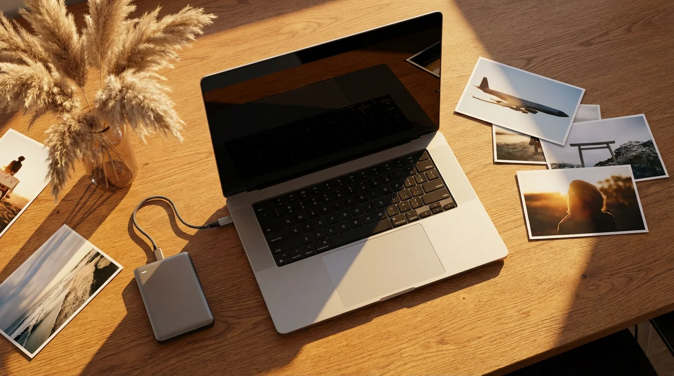Flat lay of laptop, hard drive, and photos on a wooden desk in warm sunlight.
