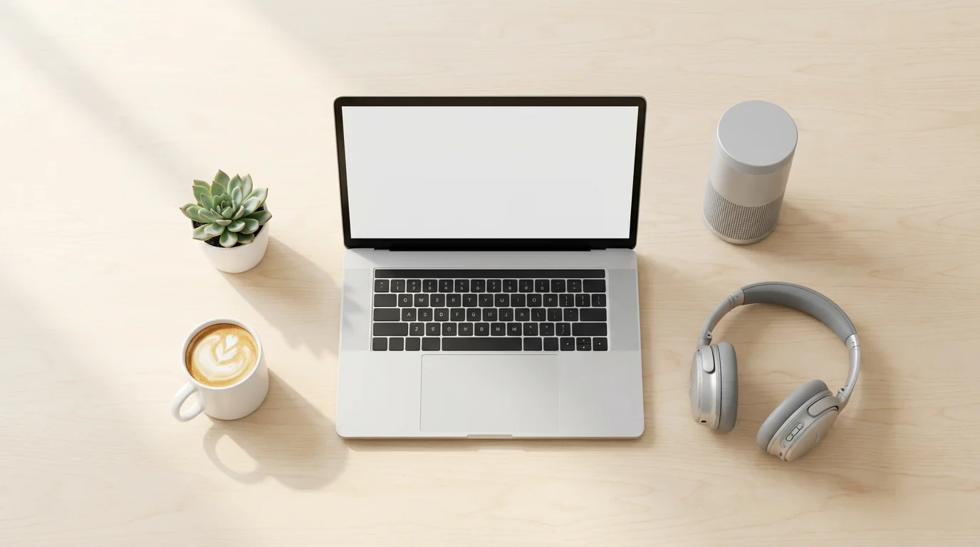 Flat lay of laptop, headphones, and speaker on a desk with morning lighting.