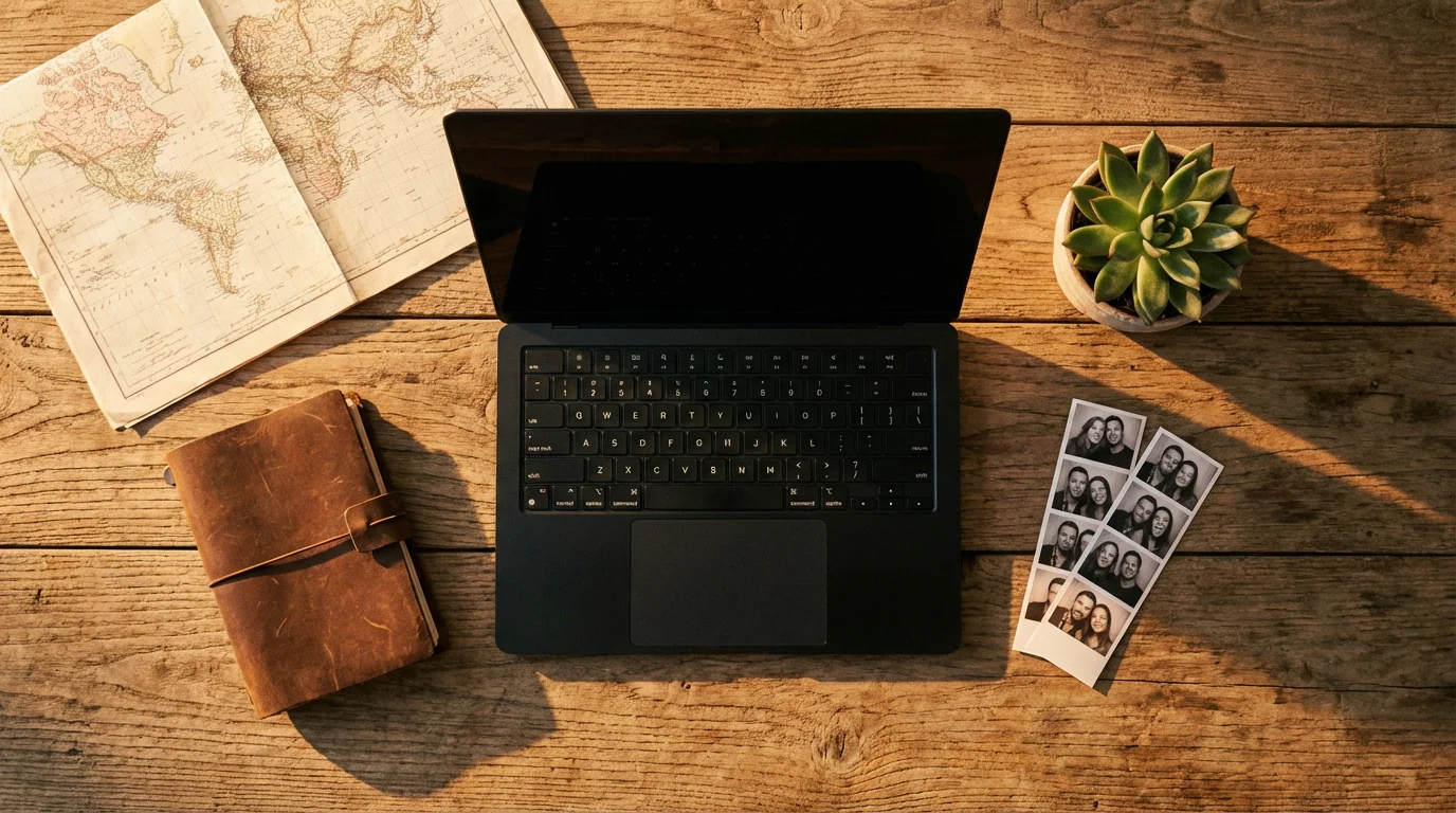 Flat lay of laptop, map, and photos on wooden table in warm golden sunlight.