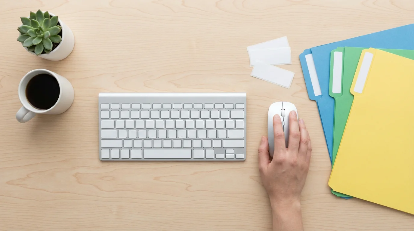 Flat lay of modern desk with keyboard, mouse, and blank physical file folders.