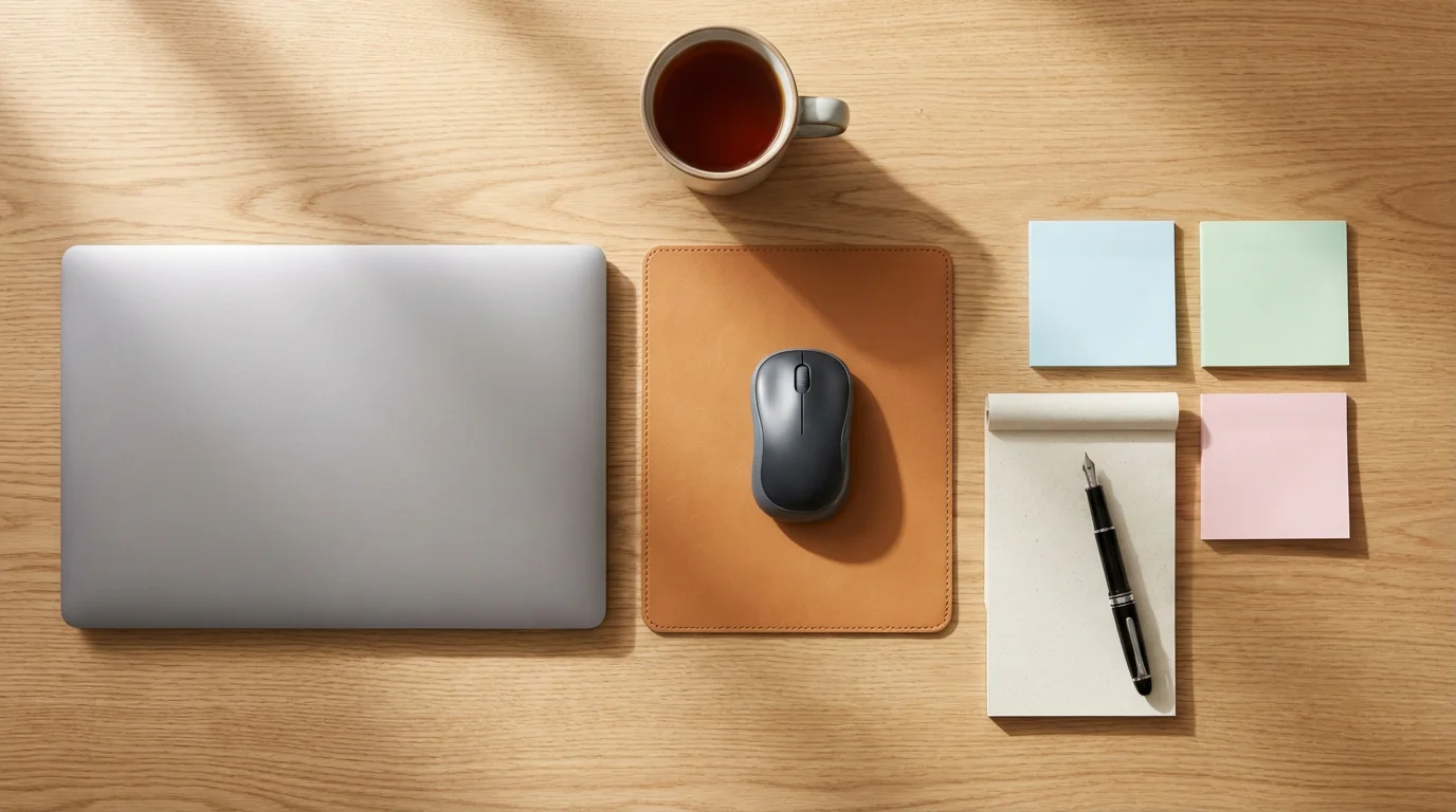 Flat lay of oak desk with laptop, mouse, notebook, and arranged sticky notes.