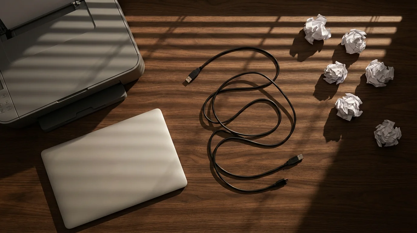 Flat lay of printer, disconnected cable, and crumpled paper balls on desk with shadows.