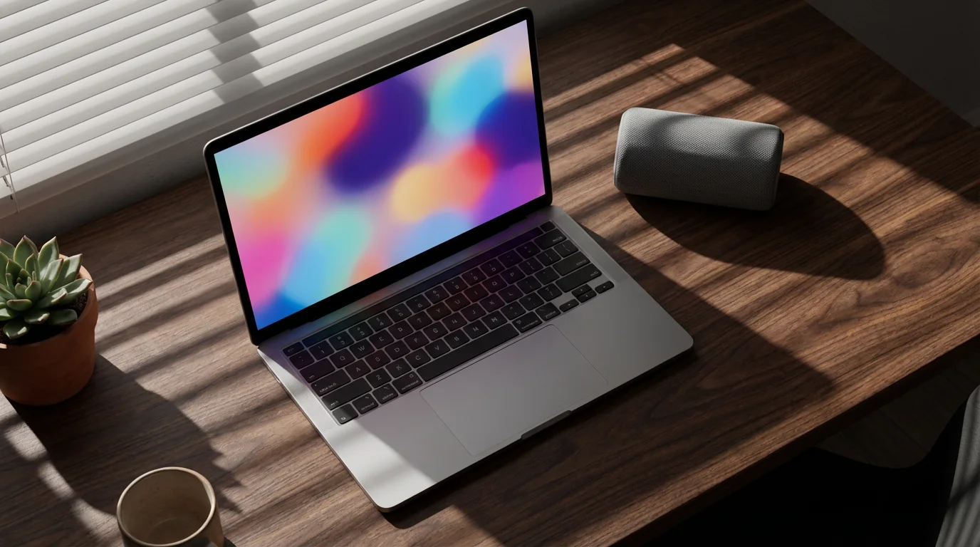 Flat lay of silver laptop and portable speaker on dark wood desk with dramatic afternoon shadows