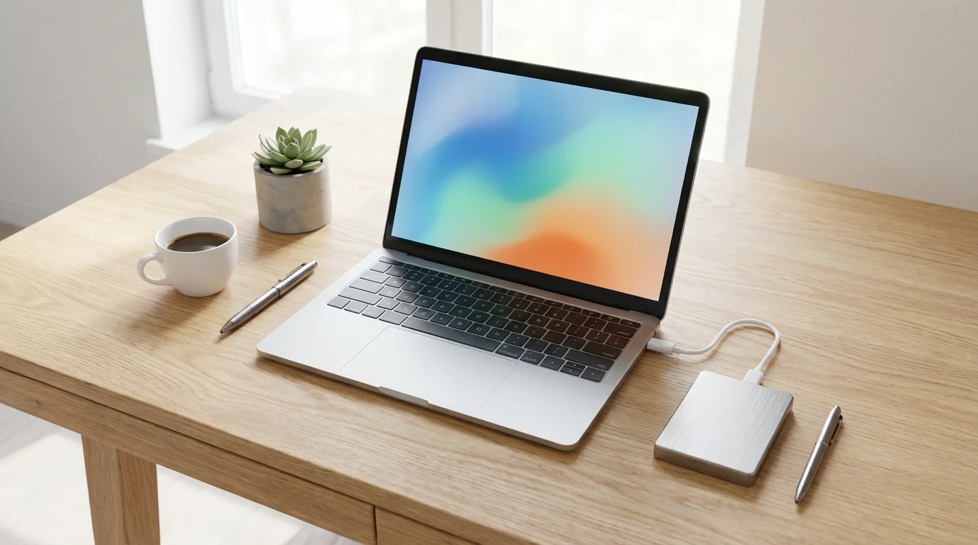 Flat lay of silver laptop connected to external hard drive on light wooden desk.