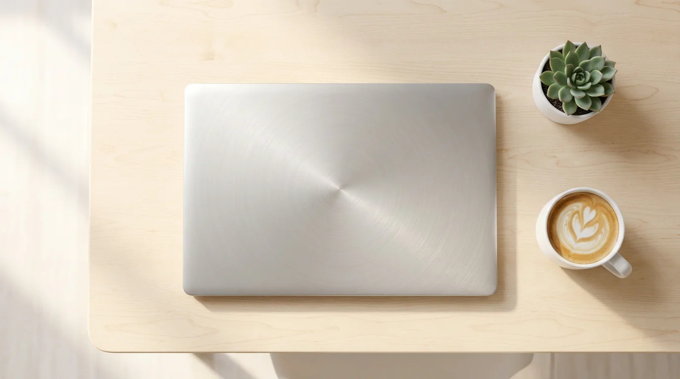 Flat lay of sleek new laptop on minimalist desk with coffee and plant