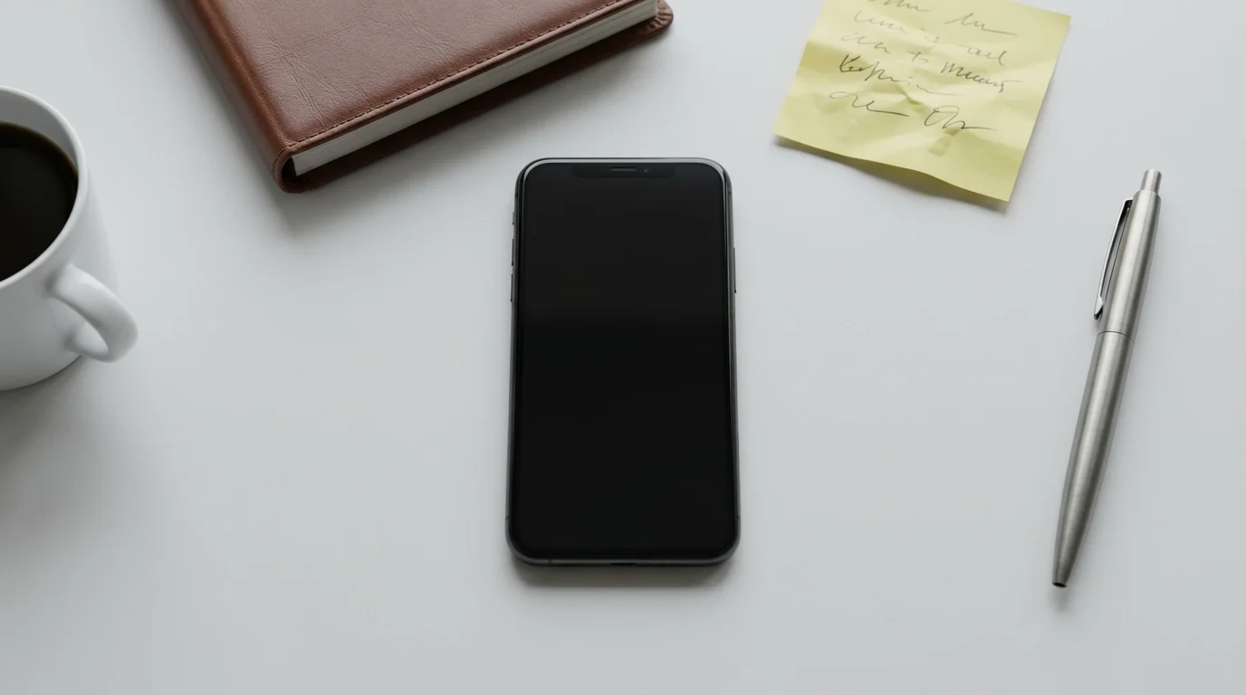 Flat lay of smartphone, address book, and pen on a clean desk workspace.