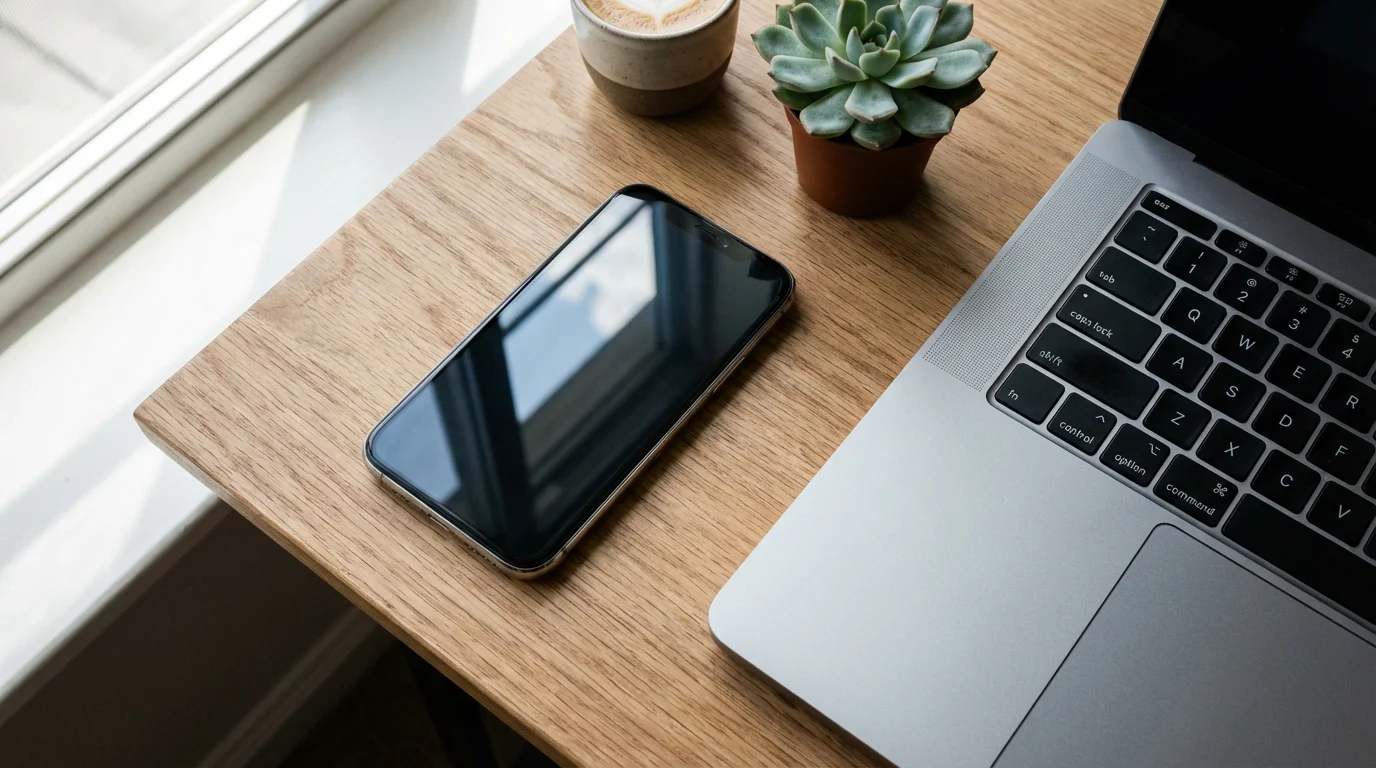 Flat lay of smartphone and laptop on a wooden desk with natural window light.