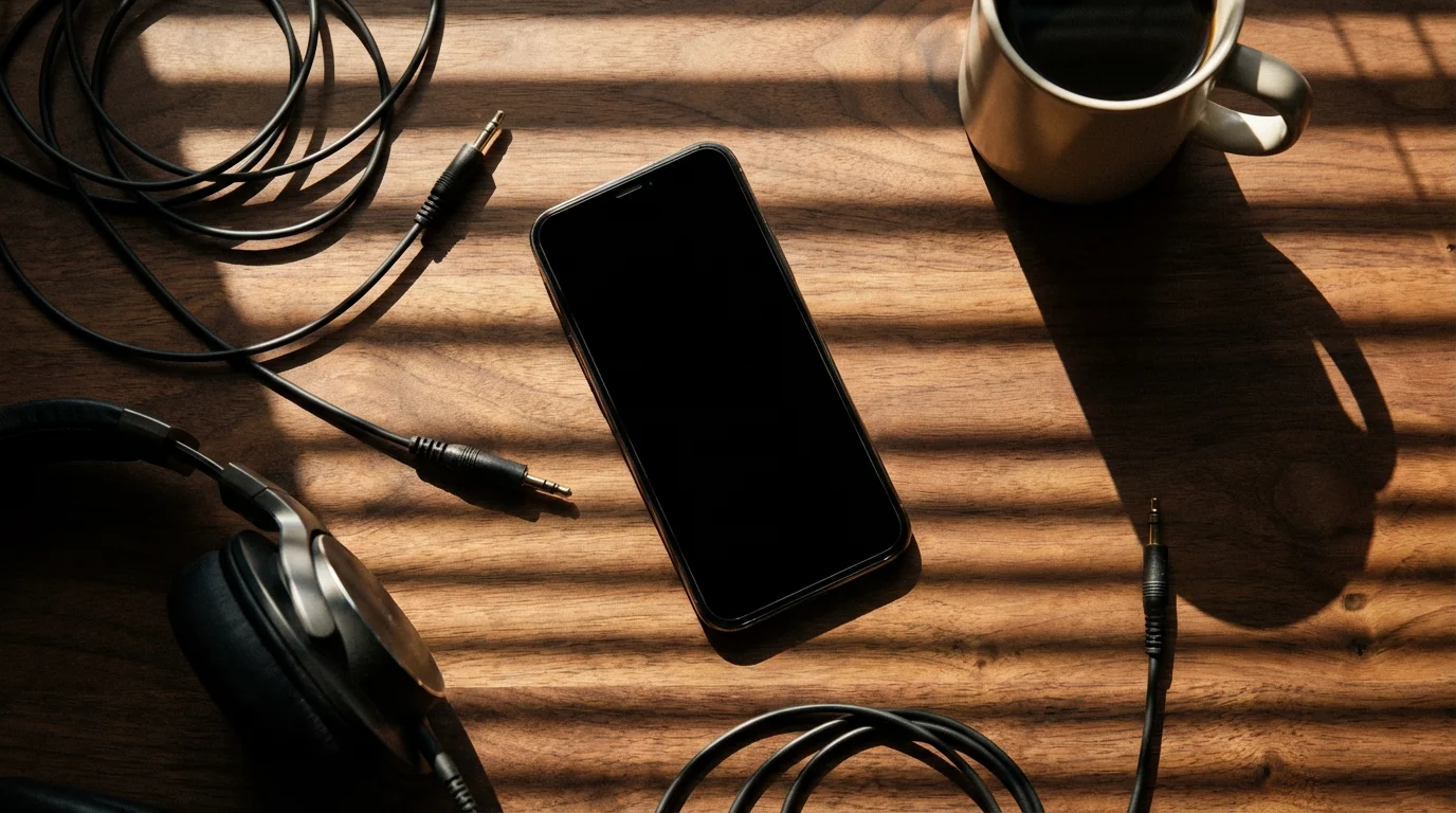 Flat lay of smartphone and tangled audio cables on a desk with dramatic afternoon shadows