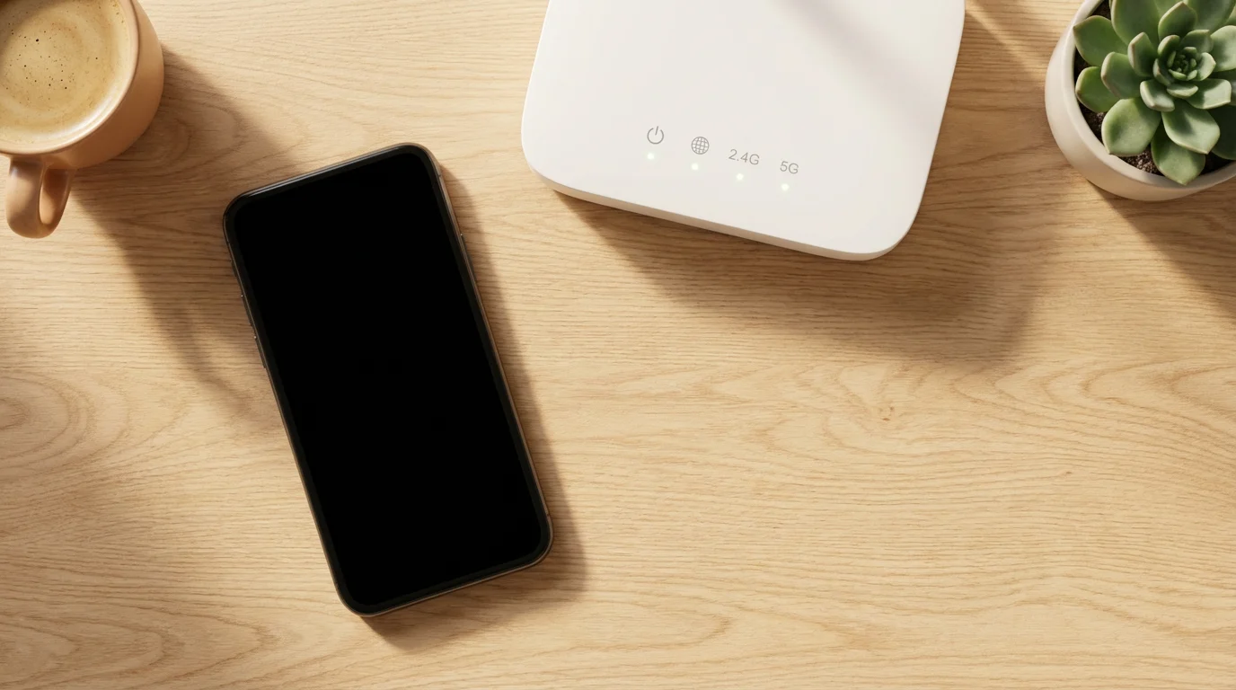 Flat lay of smartphone and Wi-Fi router on wooden table in soft morning light